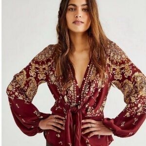 Free People Burgundy Floral Blouse